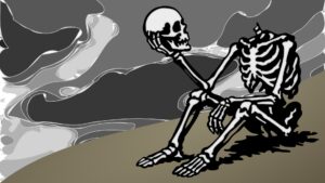 Un’illustrazione a colori che raffigura uno scheletro seduto su una duna davanti a un cielo nuvoloso, quasi di profilo, che regge nella mano destra il proprio teschio che sembra guardare lo spazio sopra il collo da cui manca.