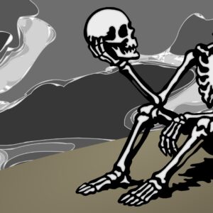 Un’illustrazione a colori che raffigura uno scheletro seduto su una duna davanti a un cielo nuvoloso, quasi di profilo, che regge nella mano destra il proprio teschio che sembra guardare lo spazio sopra il collo da cui manca.