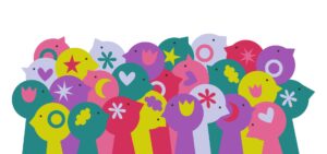 Un’illustrazione che raffigura, con tratti molto stilizzati, un gruppo di persone con cervelli diversi, rappresentati da diverse icone sulle loro teste.
