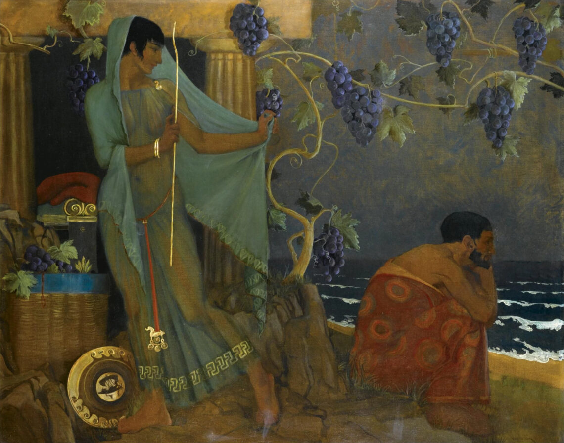 Riproduzione di un quadro di William Russell Flint dal titolo “Calypso And Odysseus” (“Calipso e Ulisse”), che raffigura Calipso di profilo, in una veste azzurra semitrasparente, mentre cammina verso sinistra allontanandosi da Ulisse e guardandolo con la testa girata all’indietro e un sorriso sulle labbra. Ulisse è seduto alla sua destra, per terra, sotto una vite con tanti grappoli neri, e guarda lontano l’orizzonte marino con aria trasognata.