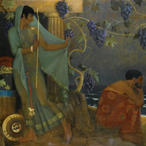 Riproduzione di un quadro di William Russell Flint dal titolo “Calypso And Odysseus” (“Calipso e Ulisse”), che raffigura Calipso di profilo, in una veste azzurra semitrasparente, mentre cammina verso sinistra allontanandosi da Ulisse e guardandolo con la testa girata all’indietro e un sorriso sulle labbra. Ulisse è seduto alla sua destra, per terra, sotto una vite con tanti grappoli neri, e guarda lontano l’orizzonte marino con aria trasognata.