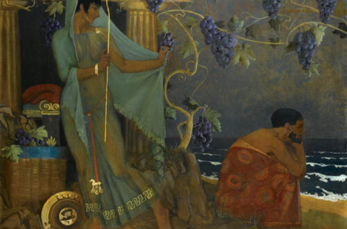 Riproduzione di un quadro di William Russell Flint dal titolo “Calypso And Odysseus” (“Calipso e Ulisse”), che raffigura Calipso di profilo, in una veste azzurra semitrasparente, mentre cammina verso sinistra allontanandosi da Ulisse e guardandolo con la testa girata all’indietro e un sorriso sulle labbra. Ulisse è seduto alla sua destra, per terra, sotto una vite con tanti grappoli neri, e guarda lontano l’orizzonte marino con aria trasognata.