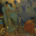 Riproduzione di un quadro di William Russell Flint dal titolo “Calypso And Odysseus” (“Calipso e Ulisse”), che raffigura Calipso di profilo, in una veste azzurra semitrasparente, mentre cammina verso sinistra allontanandosi da Ulisse e guardandolo con la testa girata all’indietro e un sorriso sulle labbra. Ulisse è seduto alla sua destra, per terra, sotto una vite con tanti grappoli neri, e guarda lontano l’orizzonte marino con aria trasognata.