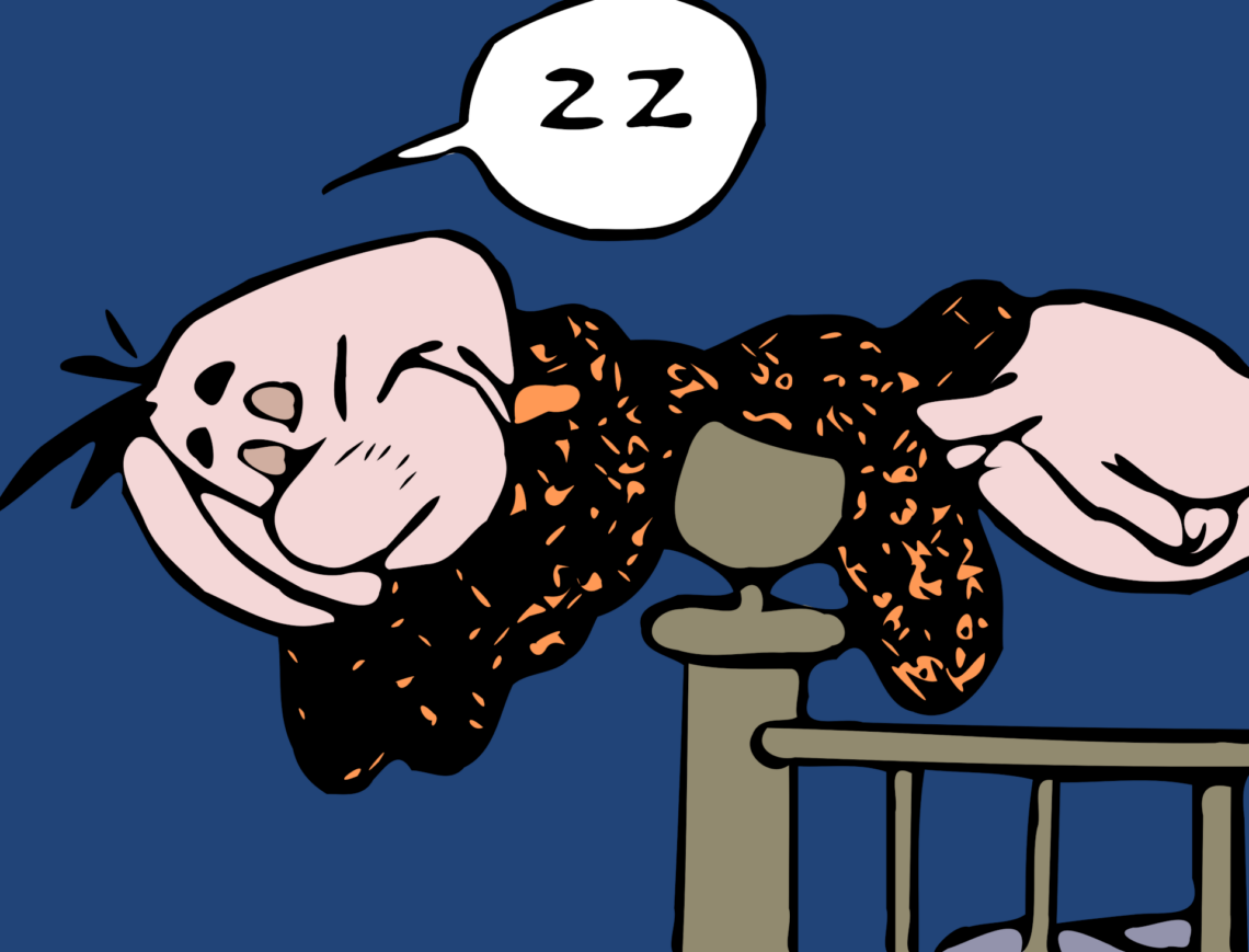 Particolare di una vignetta di un fumetto della Disney che raffigura il personaggio di Eta Beta, “l’uomo del futuro”, che dorme stando perfettamente in orizzontale appoggiato con il fianco destro della pancia sul pomello di una colonna di un letto.