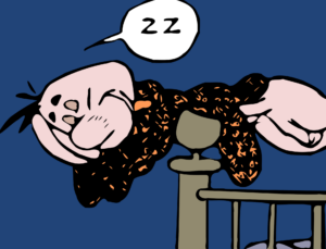 Particolare di una vignetta di un fumetto della Disney che raffigura il personaggio di Eta Beta, “l’uomo del futuro”, che dorme stando perfettamente in orizzontale appoggiato con il fianco destro della pancia sul pomello di una colonna di un letto.