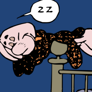 Particolare di una vignetta di un fumetto della Disney che raffigura il personaggio di Eta Beta, “l’uomo del futuro”, che dorme stando perfettamente in orizzontale appoggiato con il fianco destro della pancia sul pomello di una colonna di un letto.