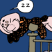 Particolare di una vignetta di un fumetto della Disney che raffigura il personaggio di Eta Beta, “l’uomo del futuro”, che dorme stando perfettamente in orizzontale appoggiato con il fianco destro della pancia sul pomello di una colonna di un letto.