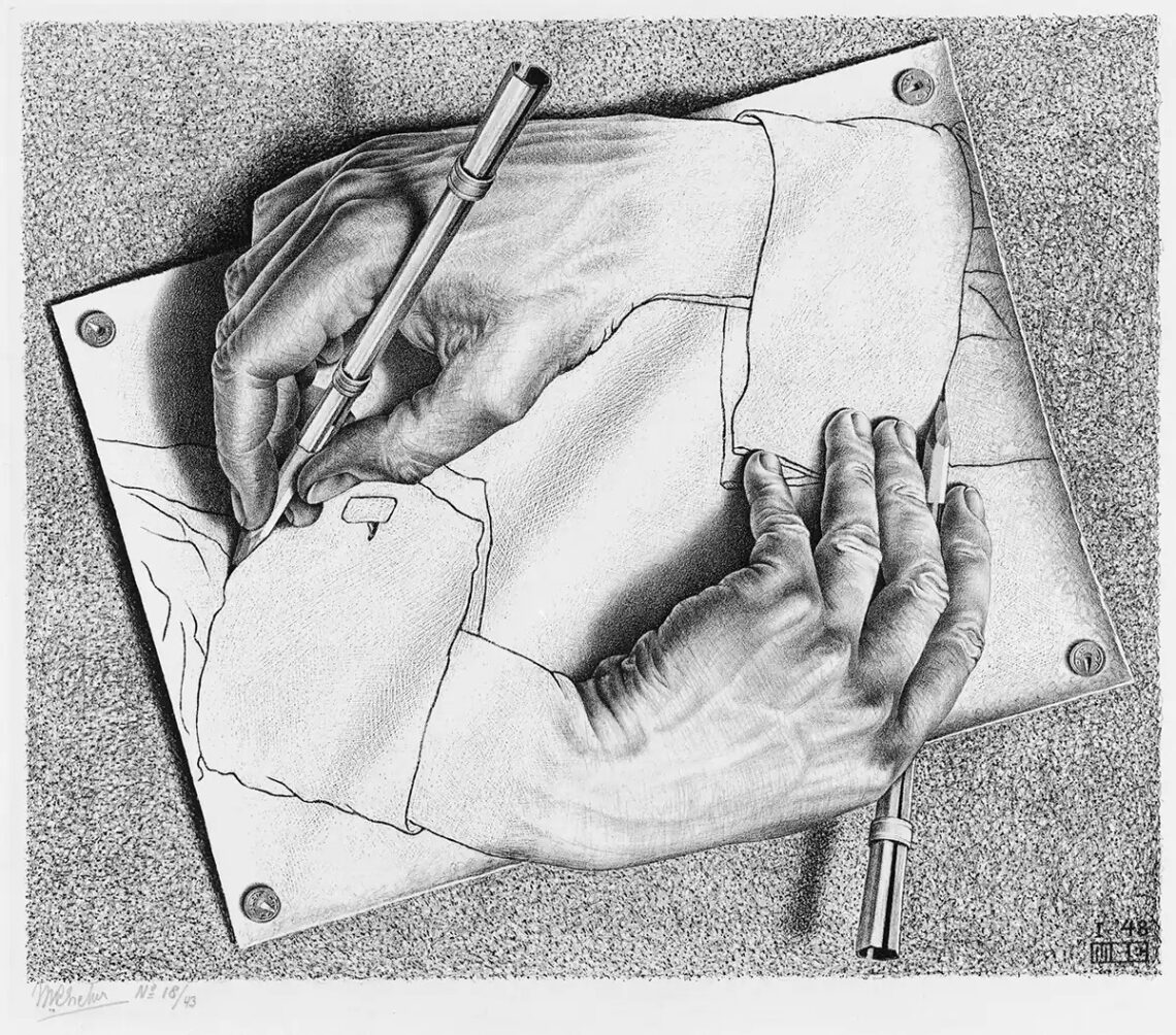 Una litografia di M. C. Escher, del 1948, che raffigura due mani che escono da un foglio bianco, fissato con quattro puntine metalliche a un pannello di sughero, disegnandosi reciprocamente.